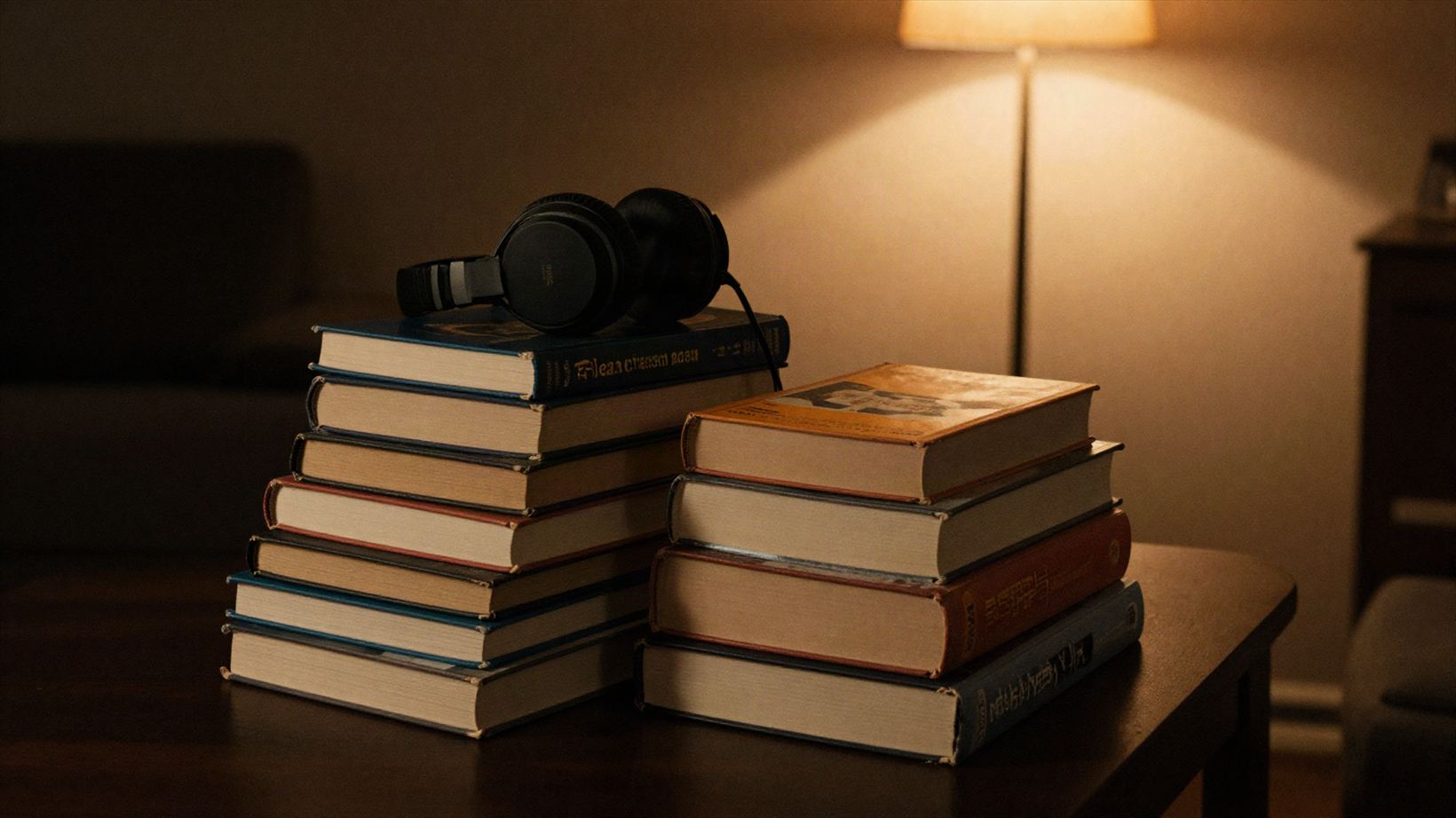A stack of books with headphones on top, by lamplight